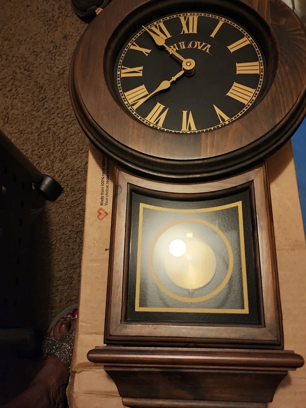 NEW Bulova Wooden Wall Clock in Brown and Gold Roman Dial